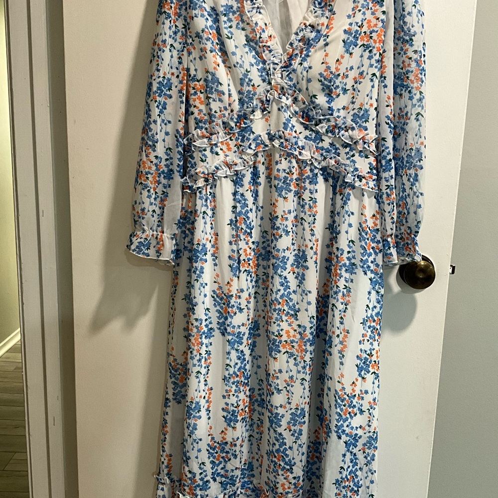 Simple Blue and Orange Floral Long Sleeve Dress